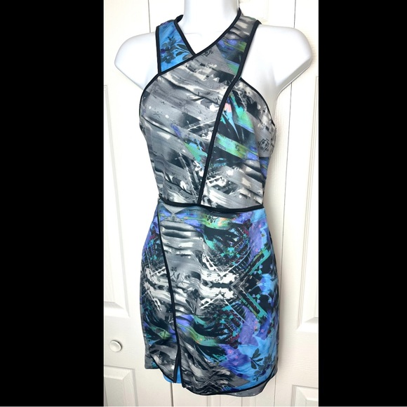 PARKER Tobias Halter Mini Dress Scuba Wrap Cut Out Blue Black Geometric Geo - Picture 2 of 11